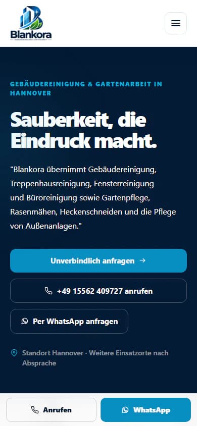 Aktuelle mobile Website von Blankora auf dem Smartphone
