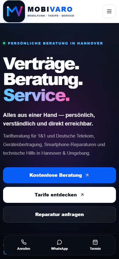 Mobile Ansicht der MOBIVARO Website